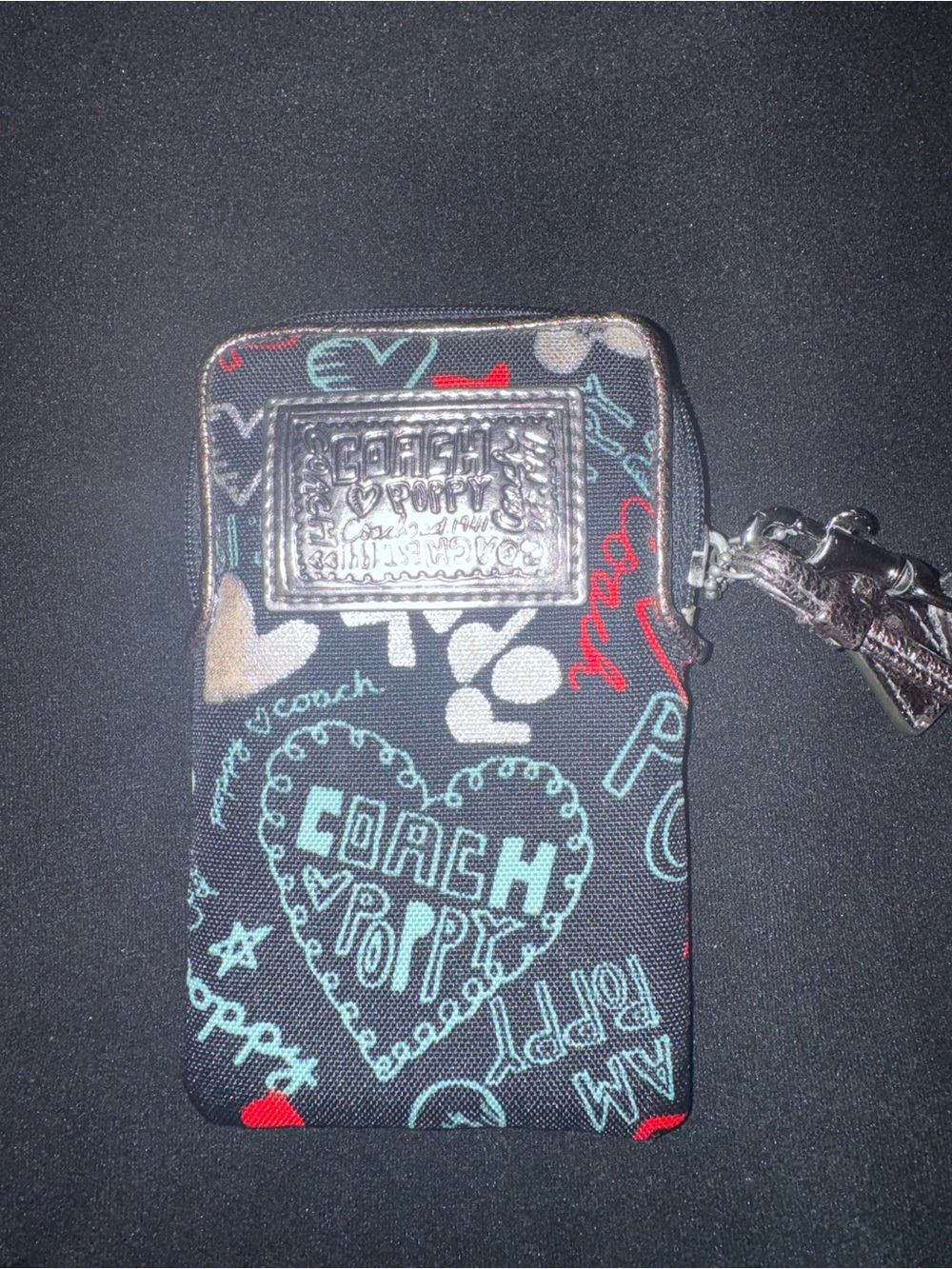 Coach Black Multicolor Heart Print Phone Pouch